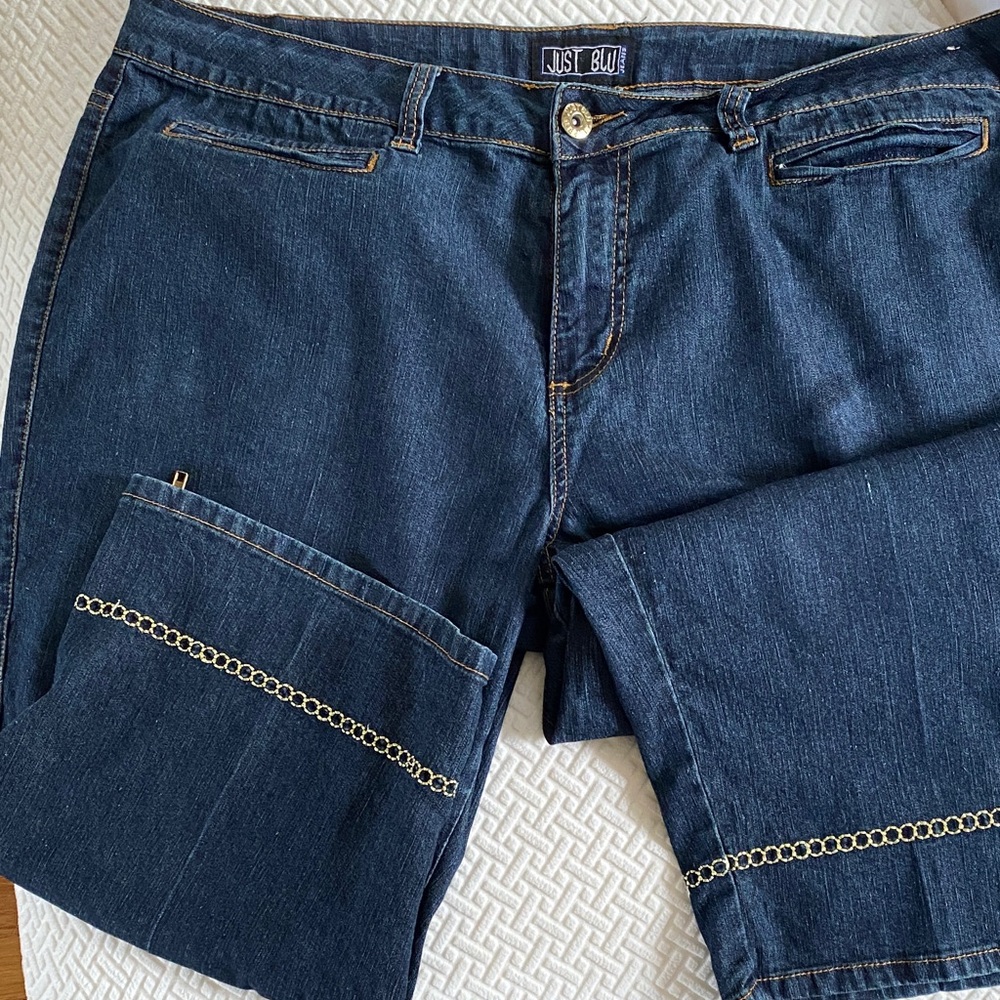 Just Blu Women's Dark Blue Crop Jeans with Gold Chain Detail